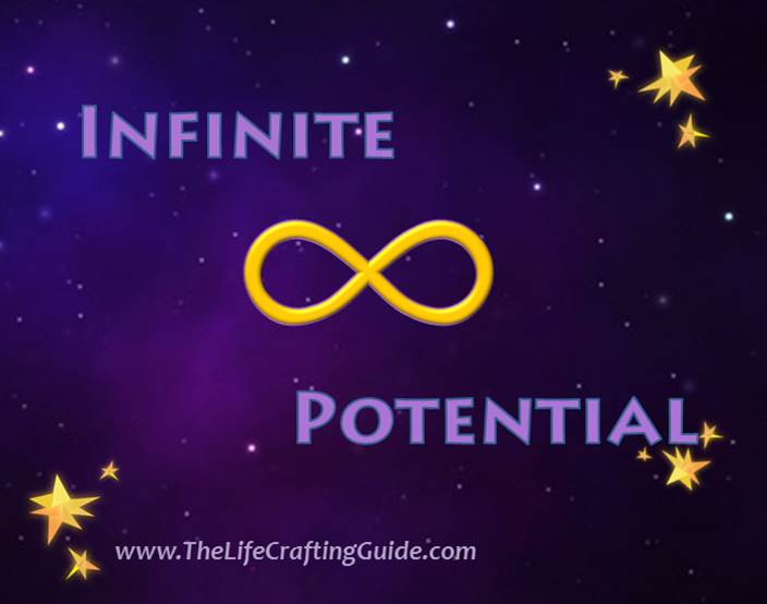 Infinite Potential, infinity sign on starfield background with gold stars