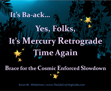 Palms silhouetted against a dark blue sky with the words "It’s Ba-ack…Yes, Folks, It’s Mercury Retrograde Time Again "