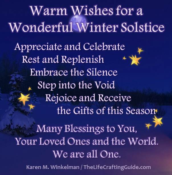 Blue night sky, full moon and snow with the words "Warm Wishes for a Wonderful Winter Solstice